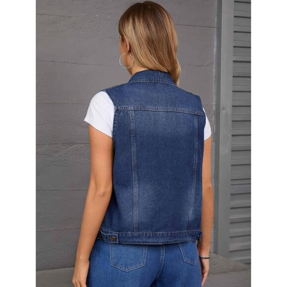 Women\'s Denim Vest Sleeveless Button Down Casual Jacket with Pockets